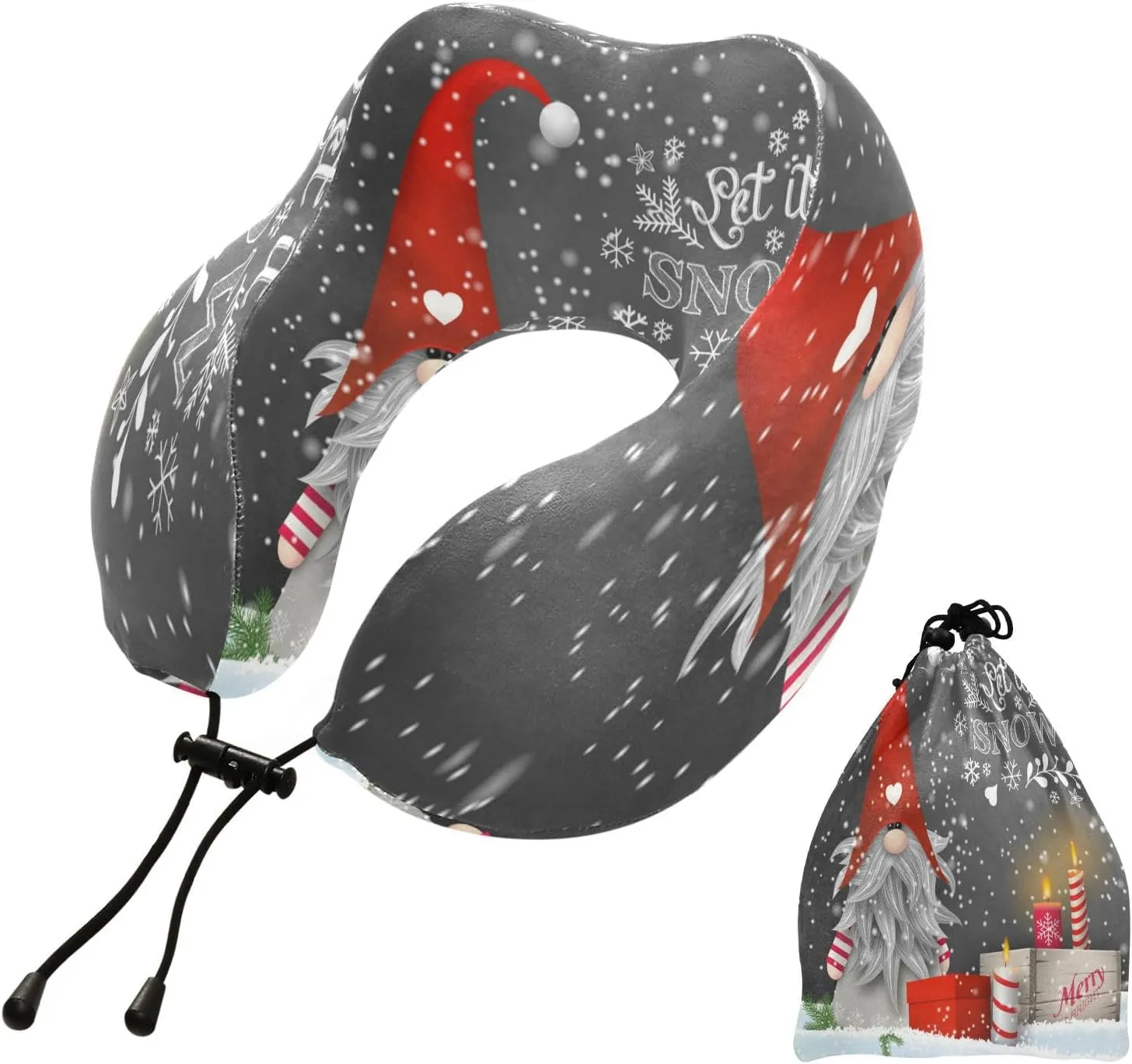 Eionryn Christmas Gnome Snowflakes Travel Pillow Winter Snow Xmas Candles Gift Boxes Memory Foam Neck Pillow with Travel Bag Soft for Headrest Sleep Airplane Car Travel Home,Office