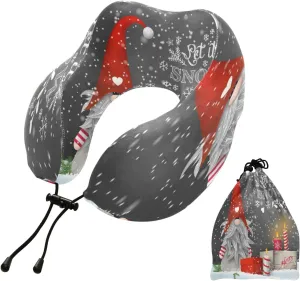 Eionryn Christmas Gnome Snowflakes Travel Pillow Winter Snow Xmas Candles Gift Boxes Memory Foam Neck Pillow with Travel Bag Soft for Headrest Sleep Airplane Car Travel Home,Office