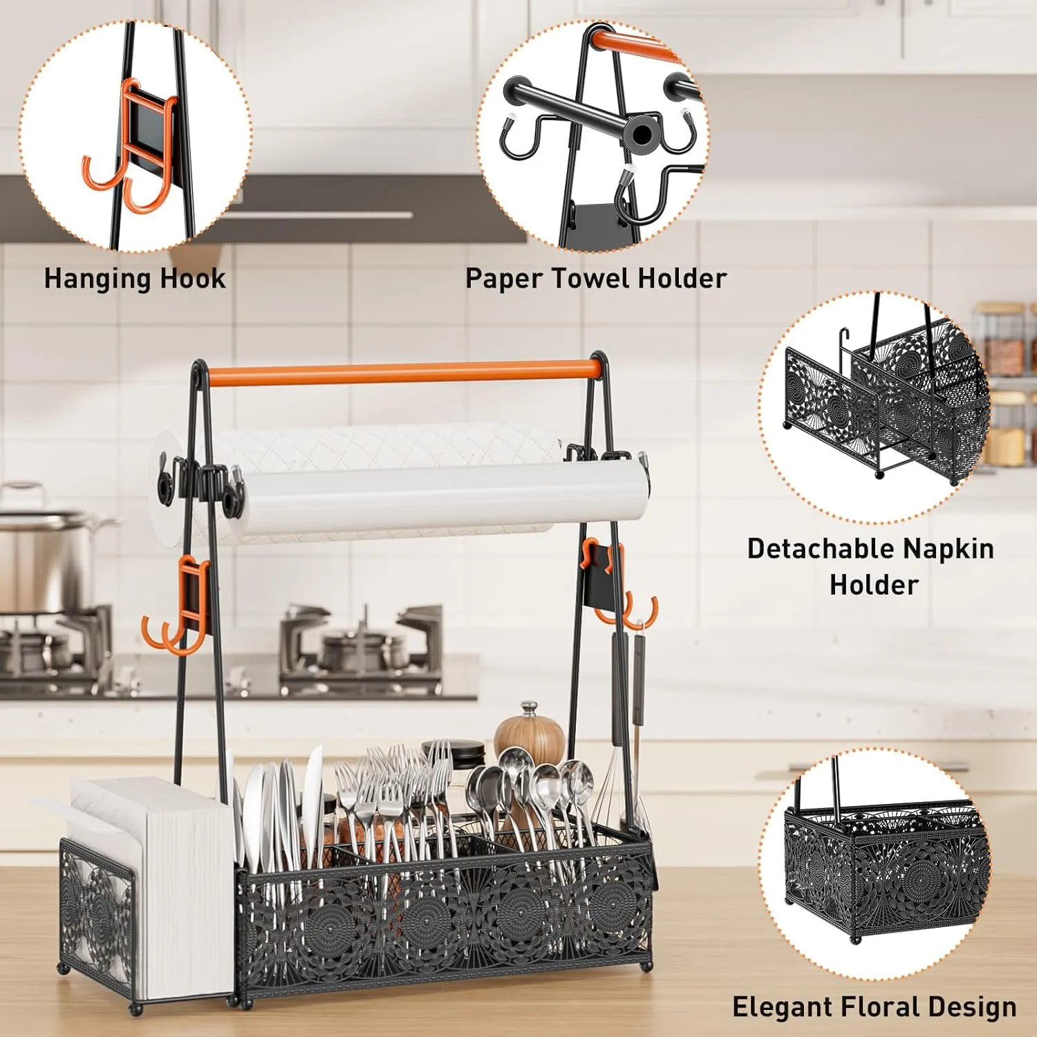 EKNITEY Outdoor Grill Caddy Organizer: Camping Kitchen Accessories Rack With Paper Towel - Utensil Condiment Storage For Patio Camper BBQ Party RV