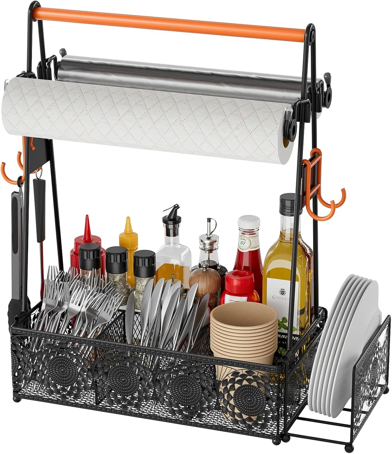 EKNITEY Outdoor Grill Caddy Organizer: Camping Kitchen Accessories Rack With Paper Towel - Utensil Condiment Storage For Patio Camper BBQ Party RV