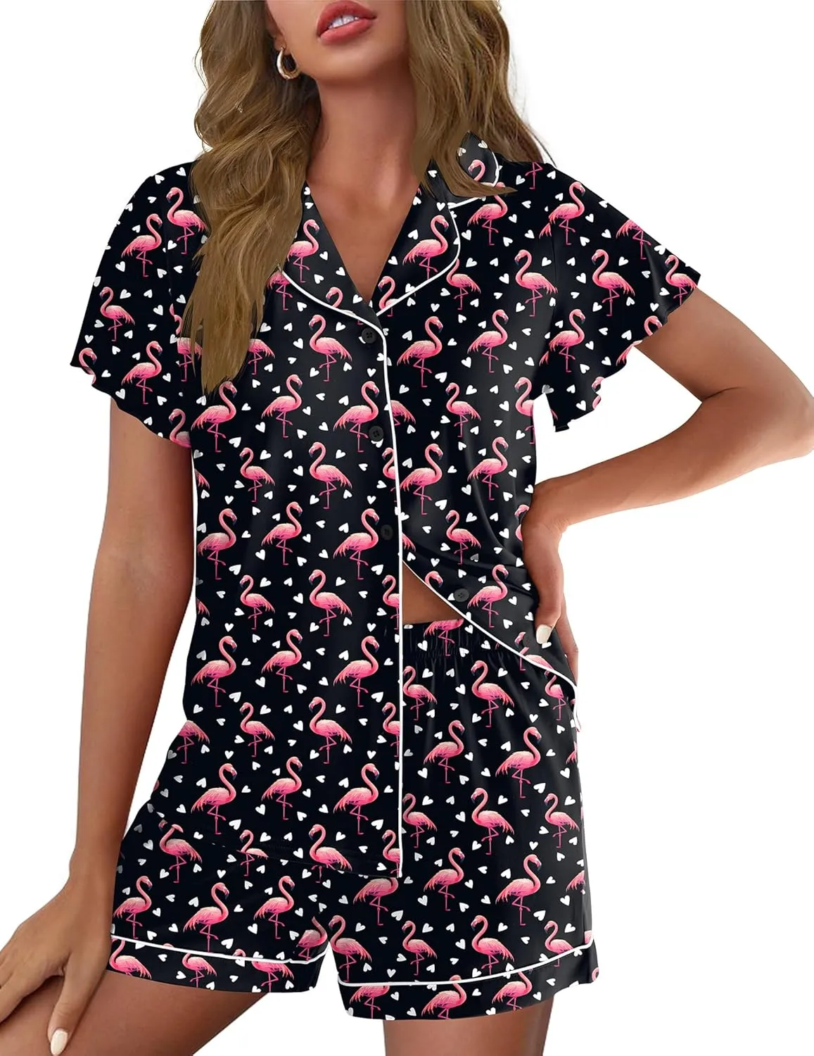Ekouaer Pajamas for Women Set Button Up Pjs Short Sleeve Ruffle Sleepwear Notch Collar Bride Soft Pj Lounge Sets S-XXL