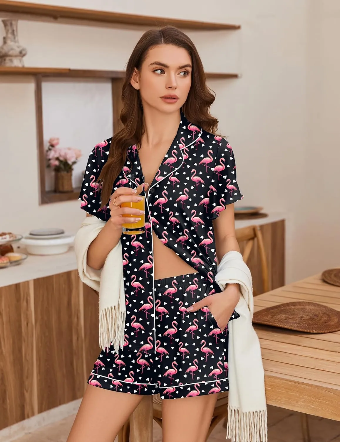 Ekouaer Pajamas for Women Set Button Up Pjs Short Sleeve Ruffle Sleepwear Notch Collar Bride Soft Pj Lounge Sets S-XXL