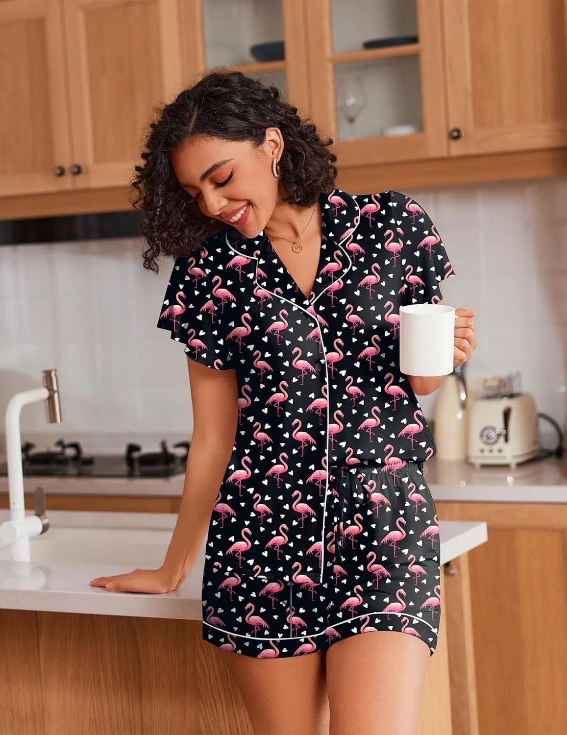 Ekouaer Pajamas for Women Set Button Up Pjs Short Sleeve Ruffle Sleepwear Notch Collar Bride Soft Pj Lounge Sets S-XXL