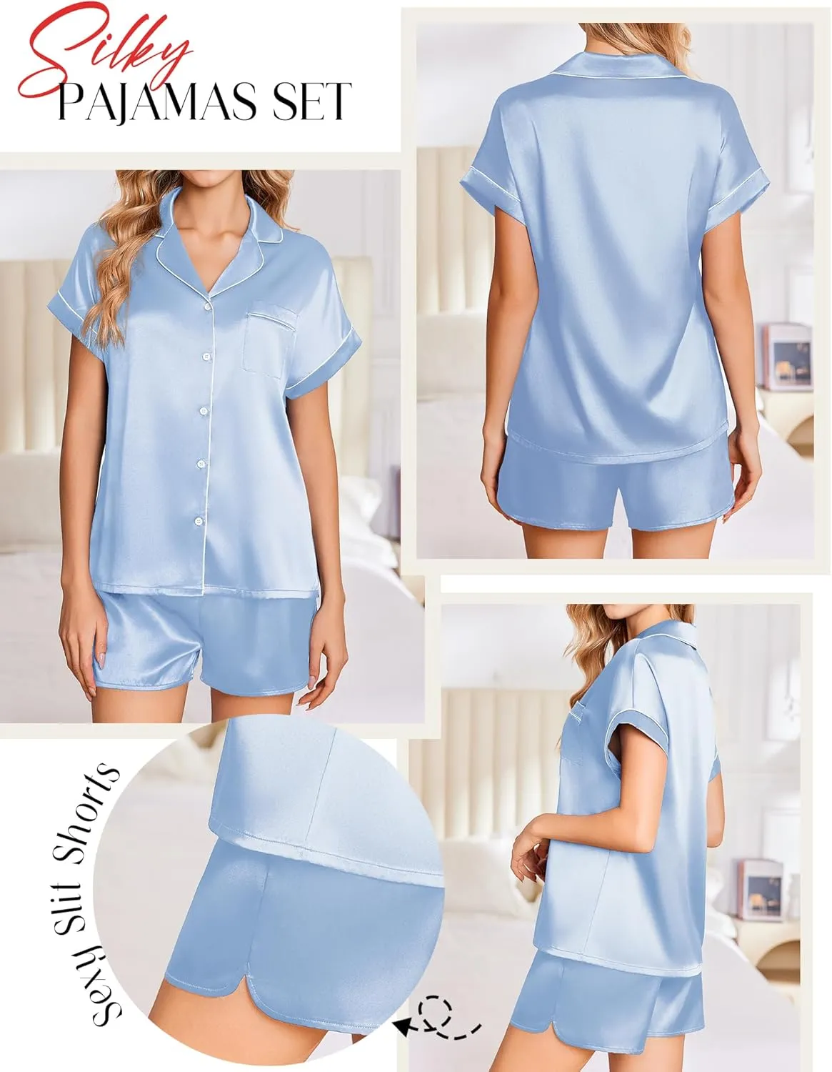 Ekouaer Silk Pajamas Set for Women Button Down 2 Piece Stain Pjs Shorts Set Soft Sleepwear Short Sleeve Loungewear S-XXL