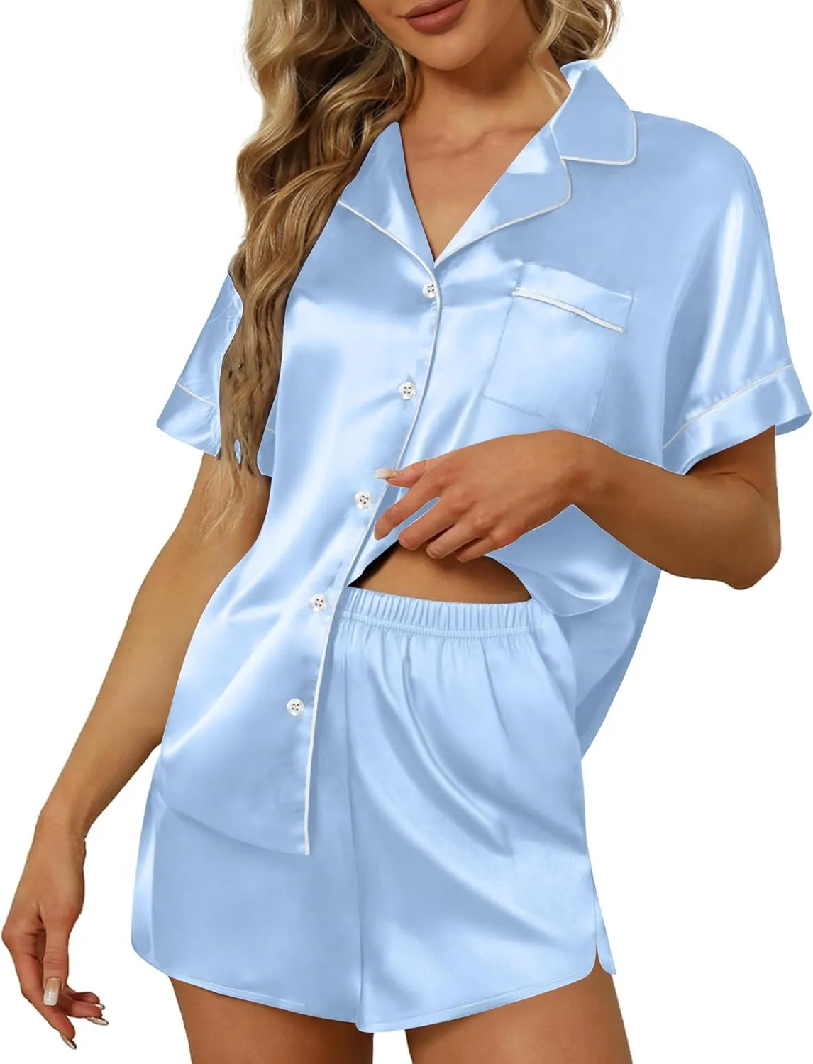 Ekouaer Silk Pajamas Set for Women Button Down 2 Piece Stain Pjs Shorts Set Soft Sleepwear Short Sleeve Loungewear S-XXL