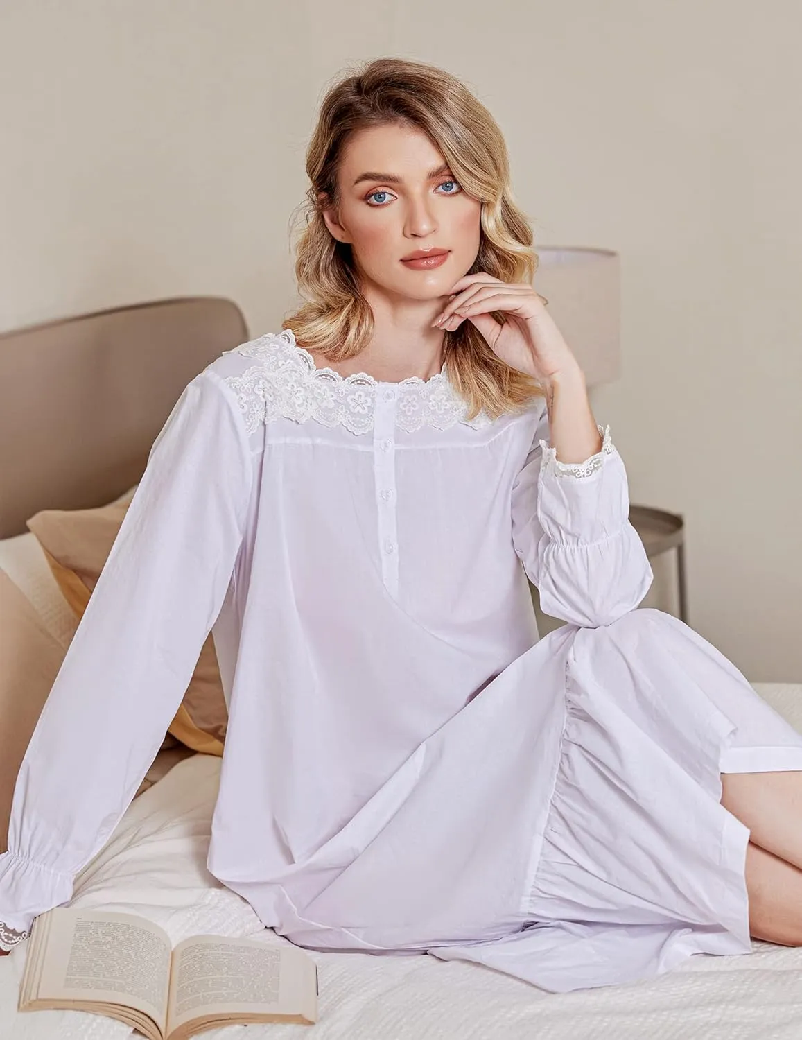 Ekouaer Victorian Nightgown 100% Cotton Long Sleeve Vintage Old Fashioned Gown for Women