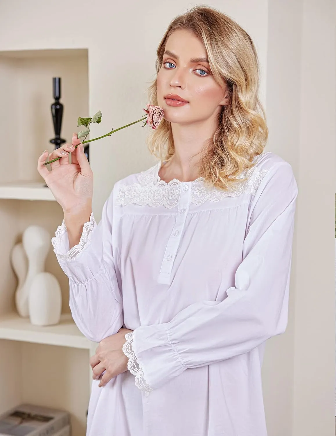Ekouaer Victorian Nightgown 100% Cotton Long Sleeve Vintage Old Fashioned Gown for Women