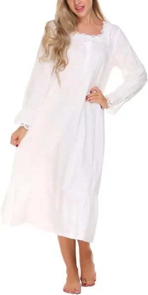 Ekouaer Victorian Nightgown 100% Cotton Long Sleeve Vintage Old Fashioned Gown for Women