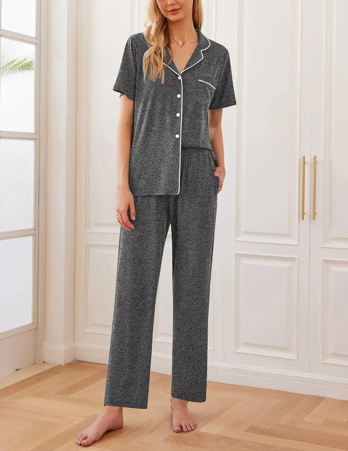 Ekouaer Women Pajamas Set Button Down Sleepwear Short Sleeve Nightwear with Long Pants Soft Pjs Set S-XXL