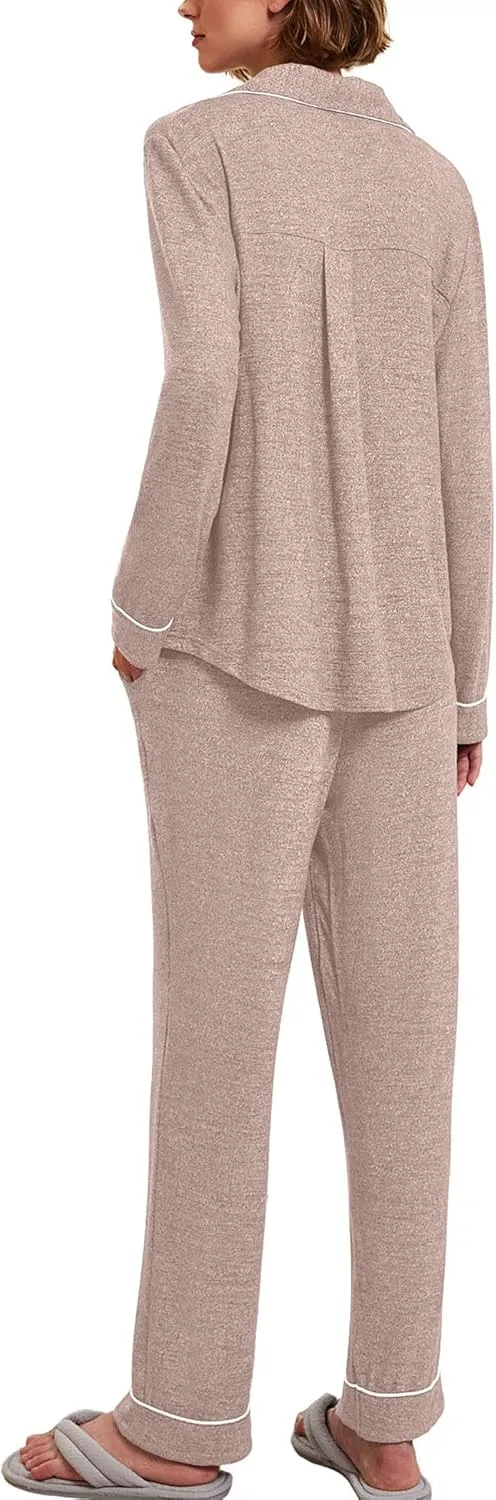 Ekouaer Women's Pajamas Long Sleeve Sleepwear Casual Button Down Loungewear Soft Pjs Set S-XXL
