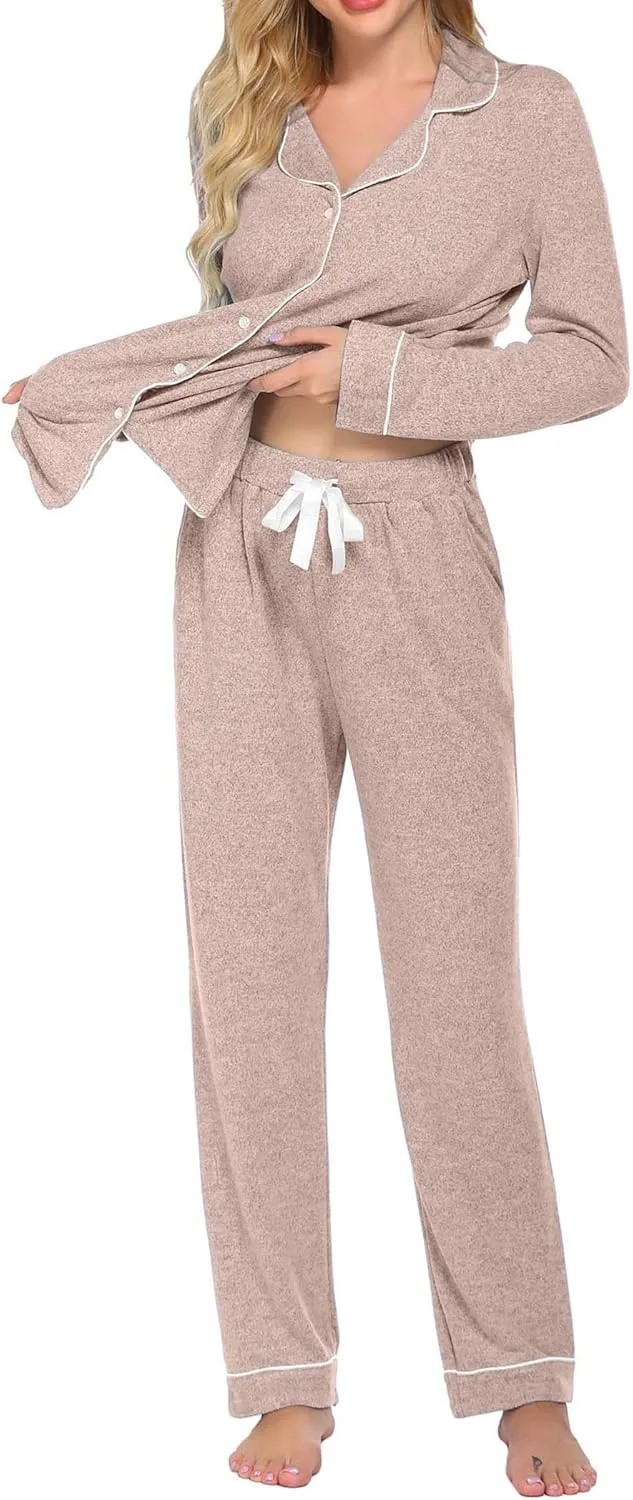 Ekouaer Women's Pajamas Long Sleeve Sleepwear Casual Button Down Loungewear Soft Pjs Set S-XXL