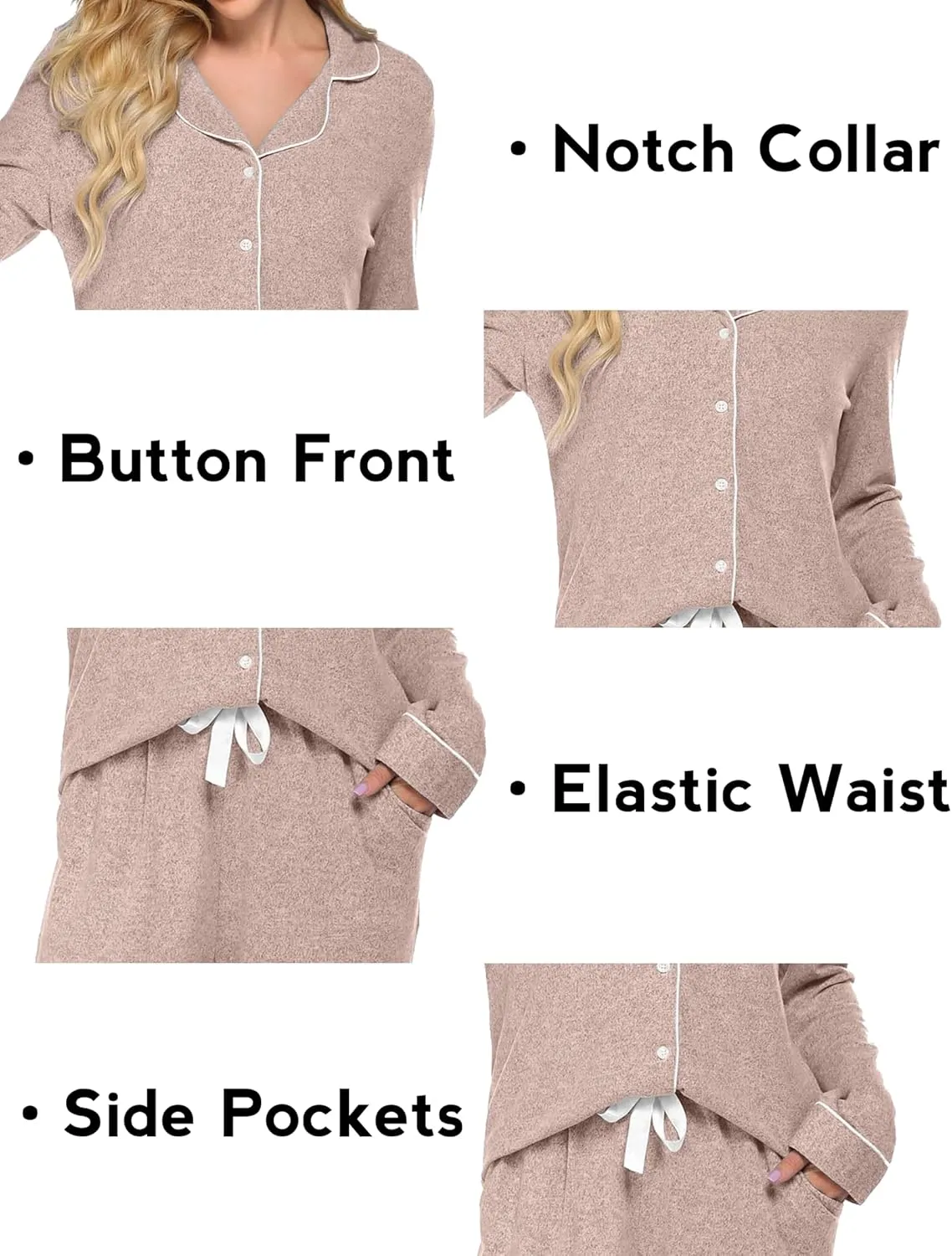 Ekouaer Women's Pajamas Long Sleeve Sleepwear Casual Button Down Loungewear Soft Pjs Set S-XXL