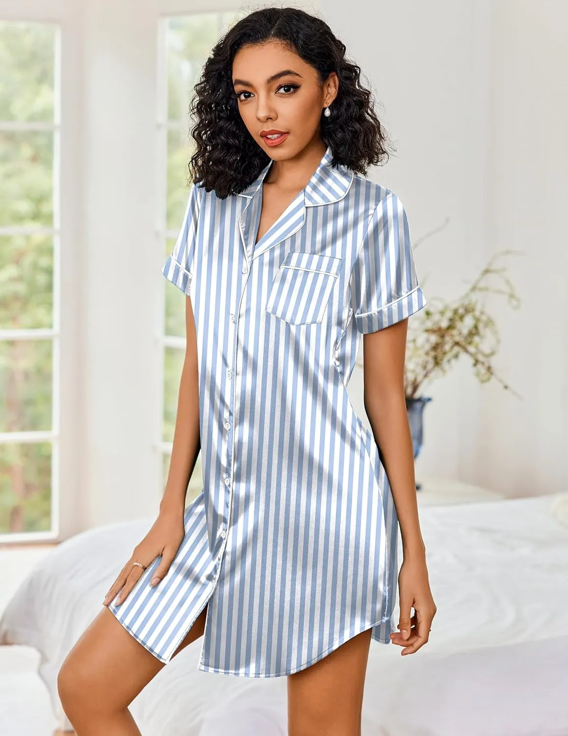 Ekouaer Women's Satin Nightshirt Button Down Sleepshirt Silk Short Sleeve Nightgown Boyfriend Notch Collar Sleepwear