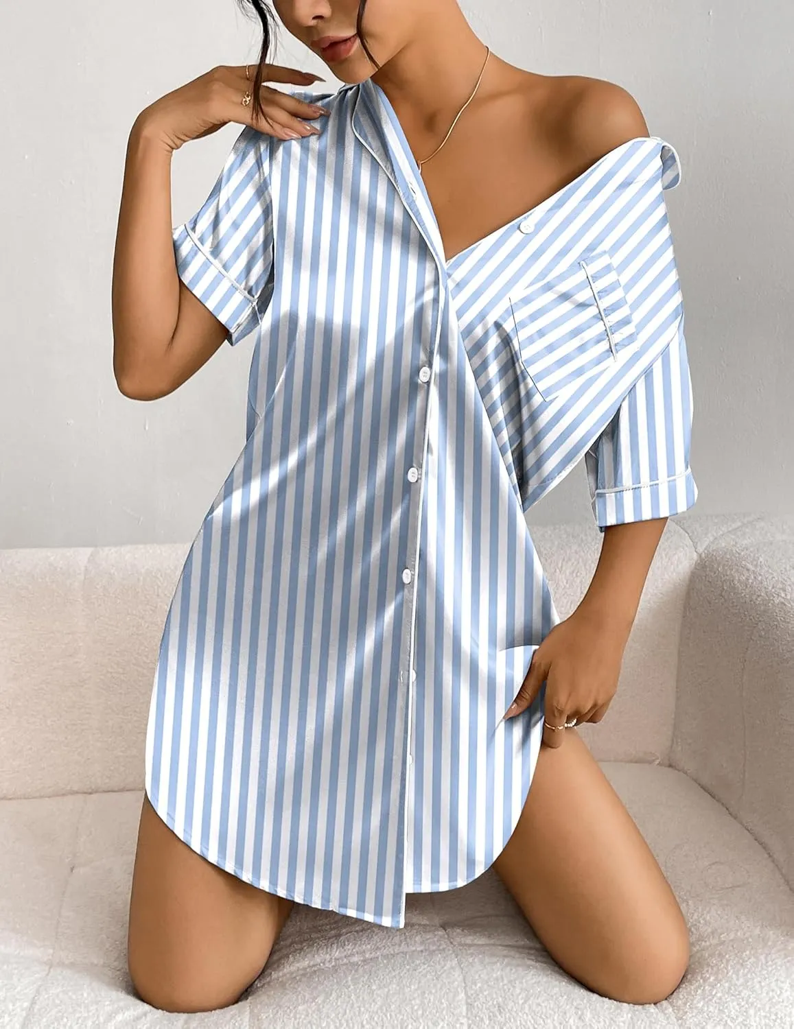 Ekouaer Women's Satin Nightshirt Button Down Sleepshirt Silk Short Sleeve Nightgown Boyfriend Notch Collar Sleepwear
