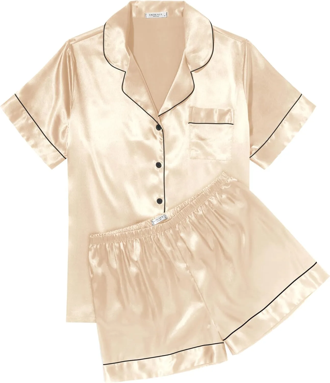 Ekouaer Womens Silk Satin Pajama Sets Soft Short Sleeve Button Down Sleepwear Top and Shorts 2 Piece Pjs Lounge Set S-XXL
