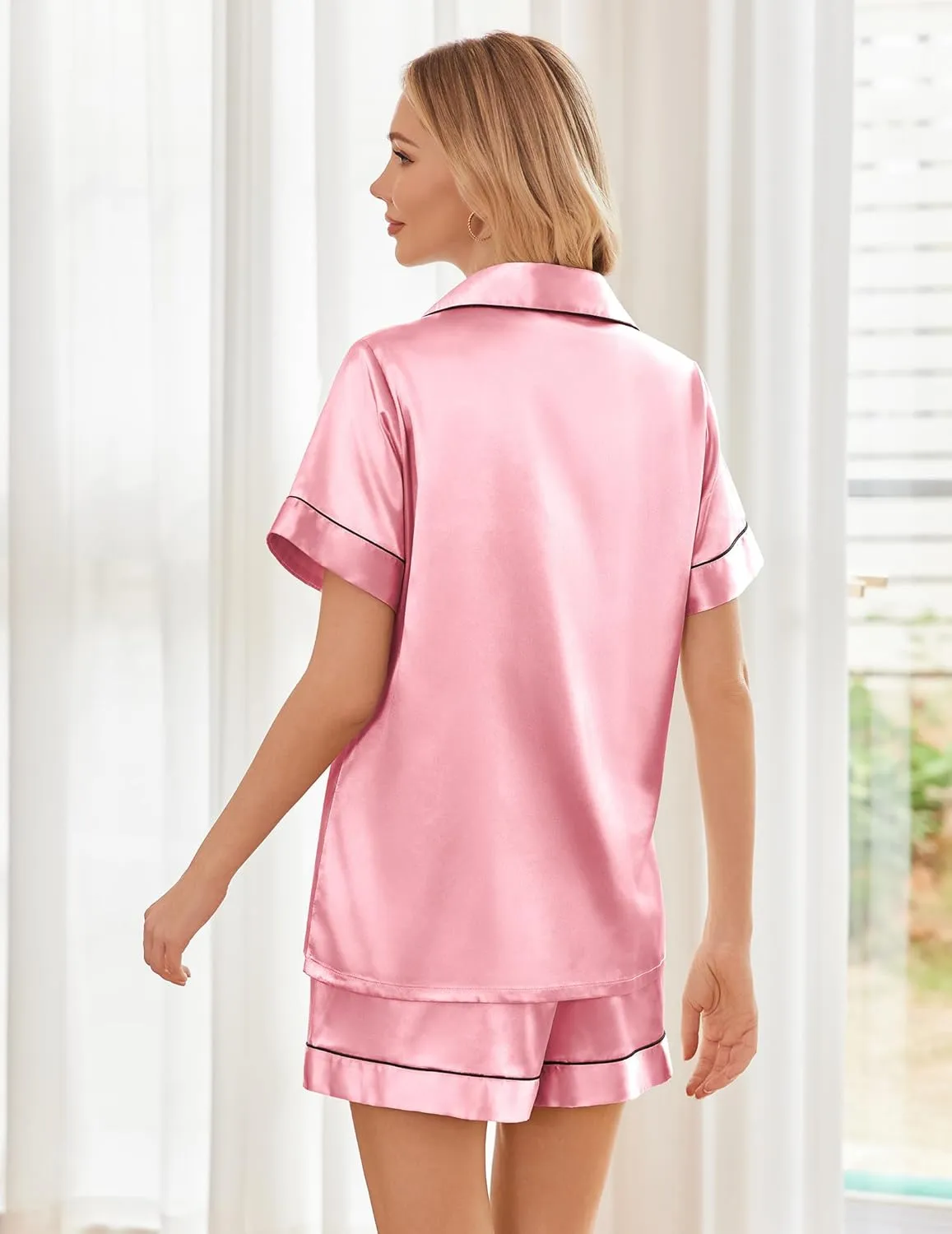 Ekouaer Womens Silk Satin Pajama Sets Soft Short Sleeve Button Down Sleepwear Top and Shorts 2 Piece Pjs Lounge Set S-XXL