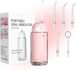 Electric Cordless Water Flosser Portable 3 Modes IPX7 Waterproof 180 ML Water Tank 360 Rotation Pink Oral Irrigator with 5 Replaceable Nozzle Jet Tips for Teeth, Gums, Braces Care & Travel