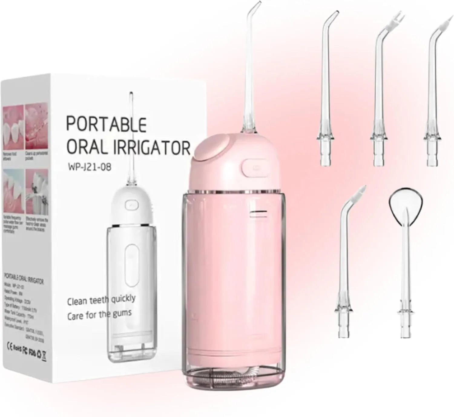 Electric Cordless Water Flosser Portable 3 Modes IPX7 Waterproof 180 ML Water Tank 360 Rotation Pink Oral Irrigator with 5 Replaceable Nozzle Jet Tips for Teeth, Gums, Braces Care & Travel