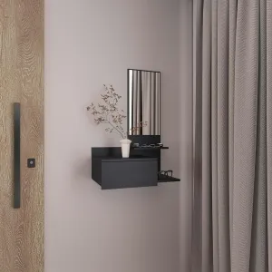 Elegant and Modern 3-Tier Floating Mirror Console Table with Full Drawer, Compact Design, Black Finish
