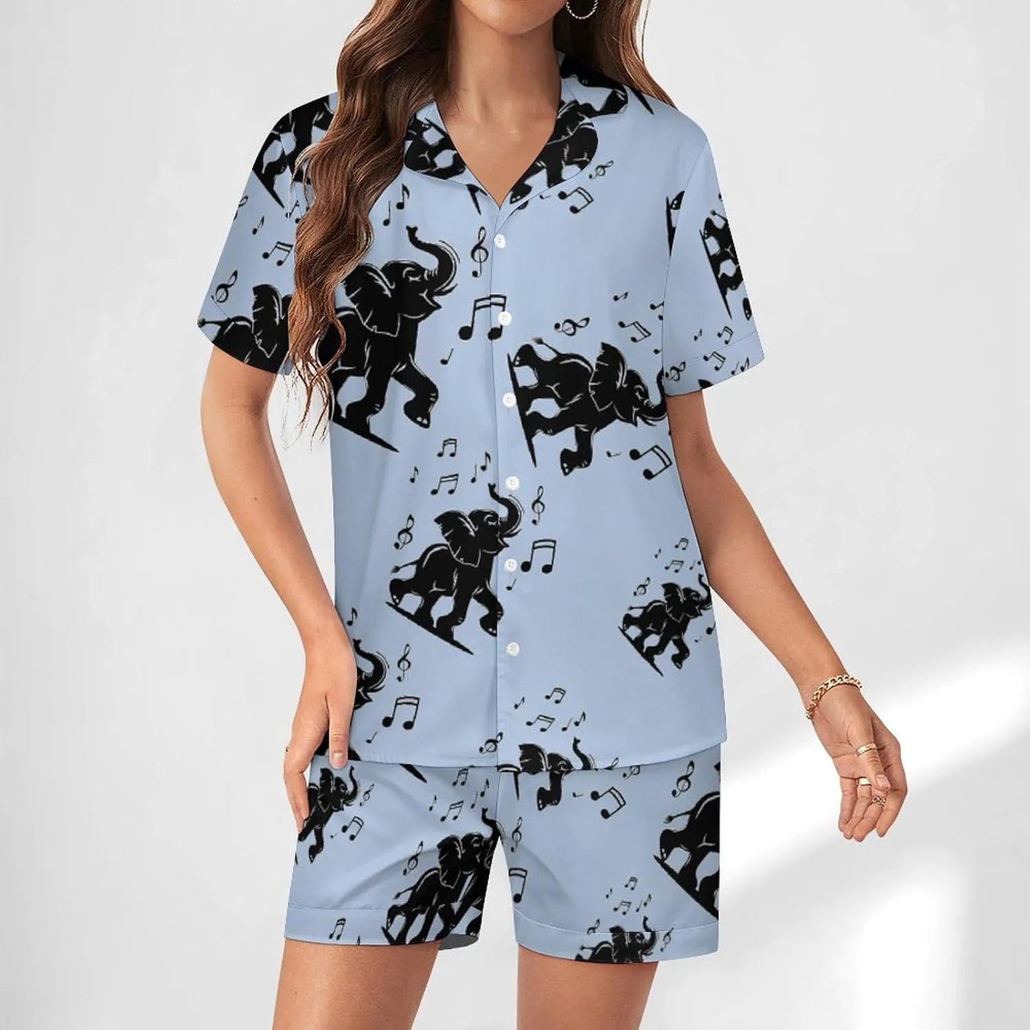 Elephant Music Women's Satin Pajama Set Short Sleeve Button Down Sleepwear Loungewear Pj Set