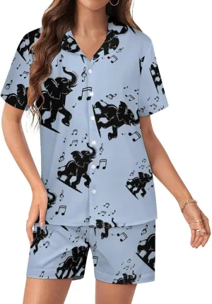 Elephant Music Women's Satin Pajama Set Short Sleeve Button Down Sleepwear Loungewear Pj Set