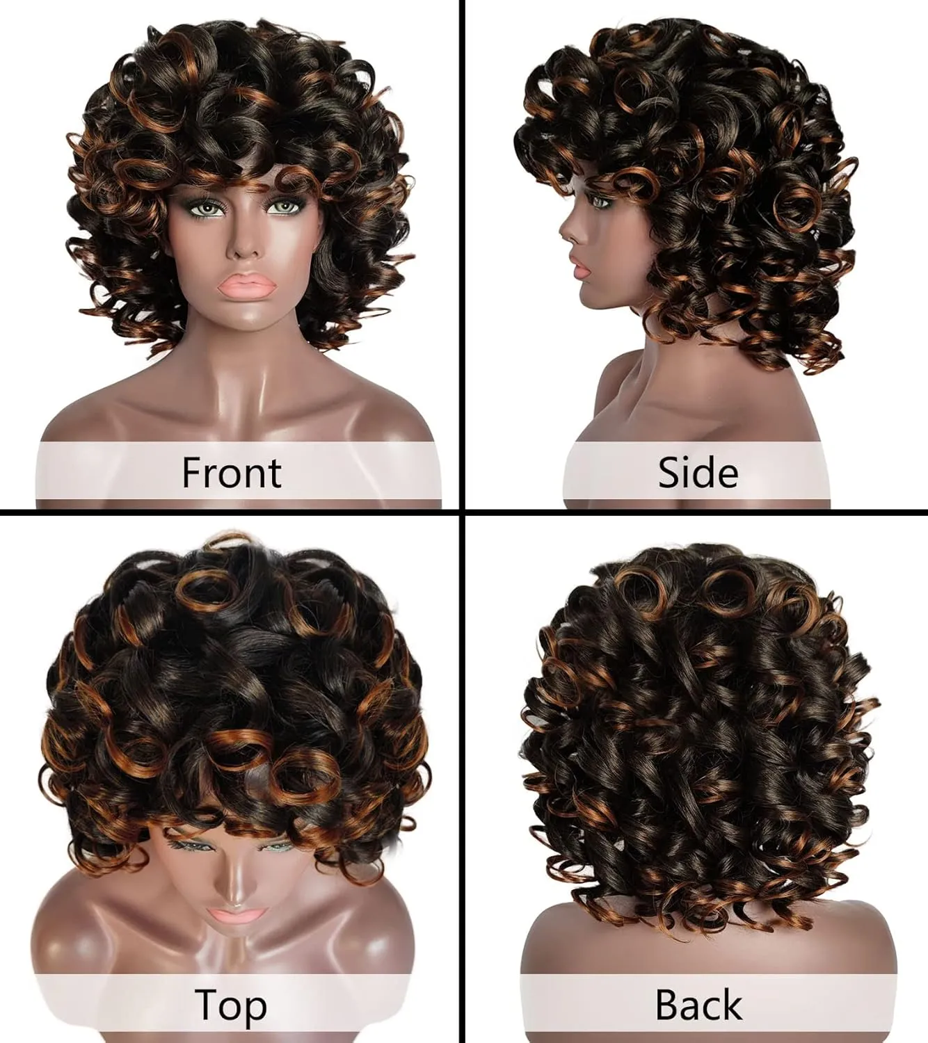 ELIM Curly Wigs for Black Women Mixed Brown Short Kinky Curly Wigs for Women Big Curly Afro Soft Wig with Bangs Heat Resistant Natural Cute Synthetic Wig with Accessories Z014BB