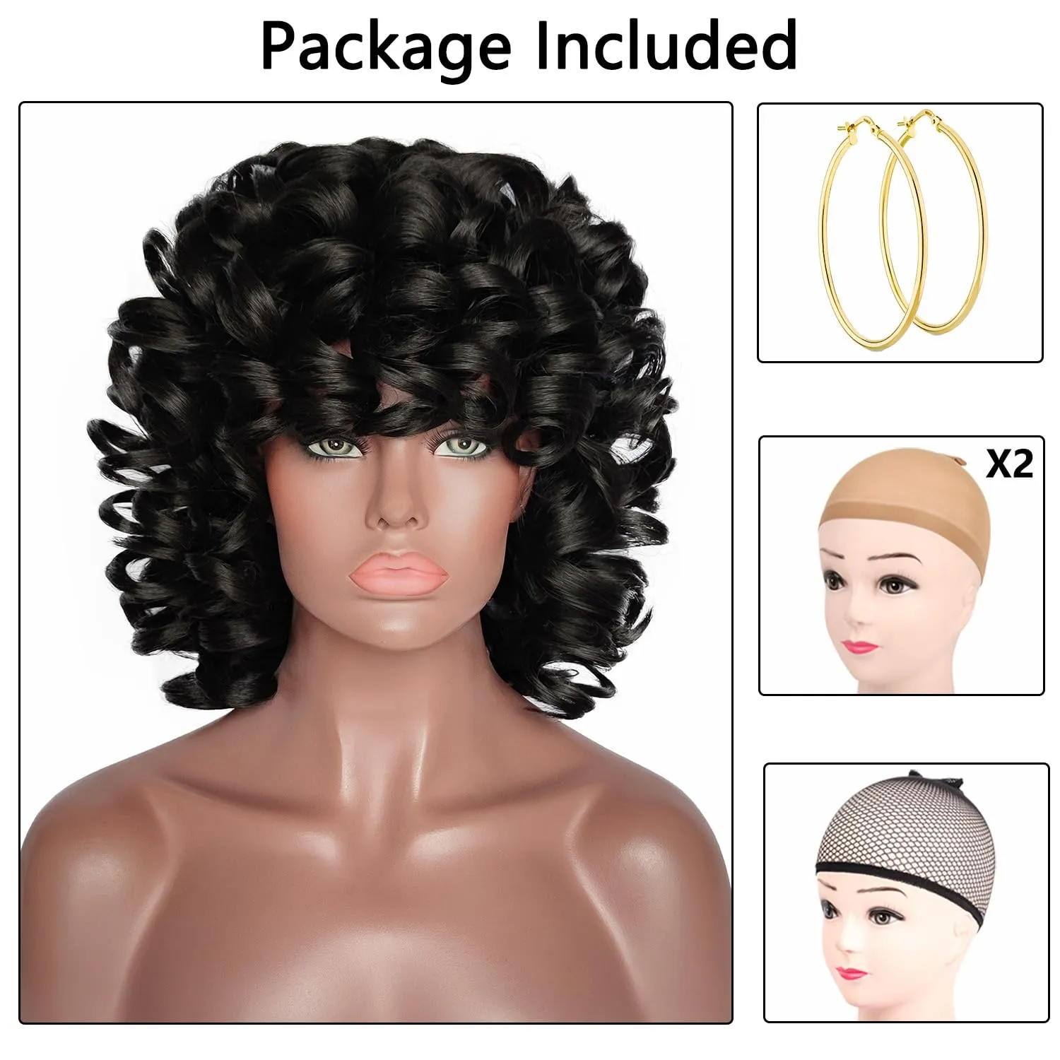 ELIM Curly Wigs for Black Women Short Kinky Curly Black Wigs for Women Big Curly Afro Soft Wig with Bangs Heat Resistant Natural Cute Synthetic Wig with Accessories Z014