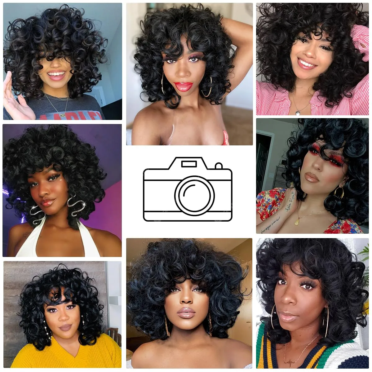 ELIM Curly Wigs for Black Women Short Kinky Curly Black Wigs for Women Big Curly Afro Soft Wig with Bangs Heat Resistant Natural Cute Synthetic Wig with Accessories Z014