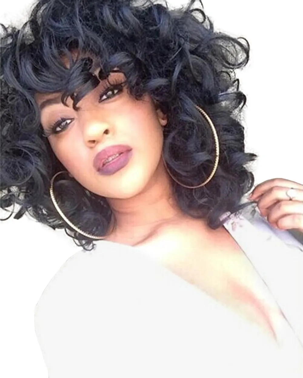 ELIM Curly Wigs for Black Women Short Kinky Curly Black Wigs for Women Big Curly Afro Soft Wig with Bangs Heat Resistant Natural Cute Synthetic Wig with Accessories Z014