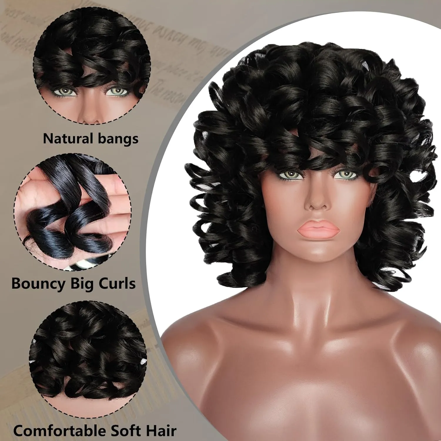 ELIM Curly Wigs for Black Women Short Kinky Curly Black Wigs for Women Big Curly Afro Soft Wig with Bangs Heat Resistant Natural Cute Synthetic Wig with Accessories Z014