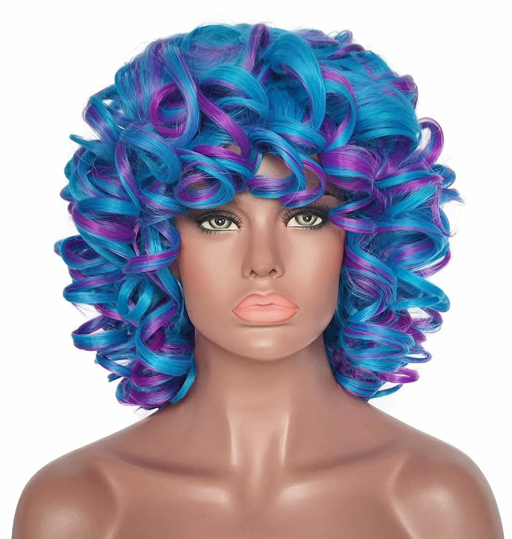 ELIM Curly Wigs for Black Women Short Kinky Curly Blue Mixed Purple Wigs for Women Big Curly Afro Soft Wig with Bangs Heat Resistant Natural Cute Synthetic Wig with Accessories Z014BP