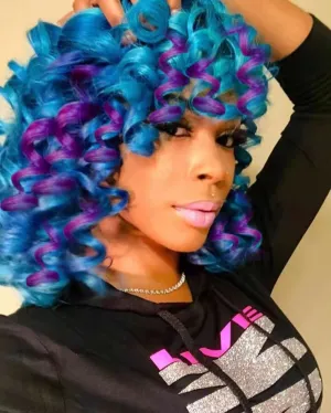 ELIM Curly Wigs for Black Women Short Kinky Curly Blue Mixed Purple Wigs for Women Big Curly Afro Soft Wig with Bangs Heat Resistant Natural Cute Synthetic Wig with Accessories Z014BP