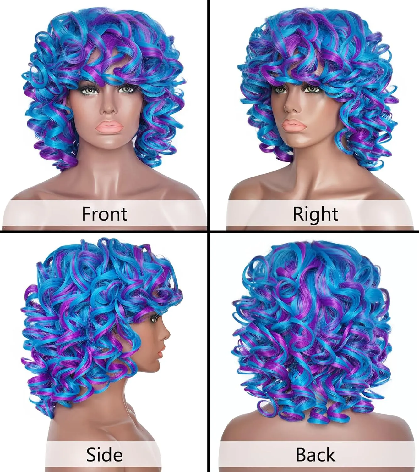 ELIM Curly Wigs for Black Women Short Kinky Curly Blue Mixed Purple Wigs for Women Big Curly Afro Soft Wig with Bangs Heat Resistant Natural Cute Synthetic Wig with Accessories Z014BP