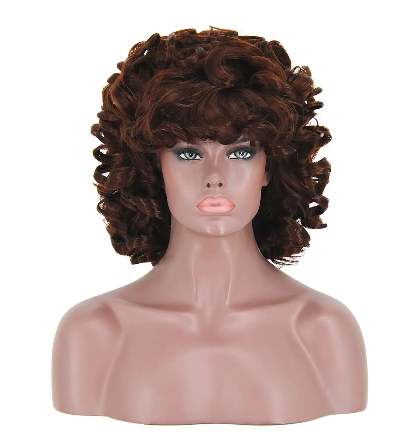 ELIM Dark Brown Curly Wigs for Black Women Short Kinky Curly Brown Wigs for Women Big Curly Afro Soft Wig with Bangs Heat Resistant Natural Cute Synthetic Wig with Accessories Z303BR
