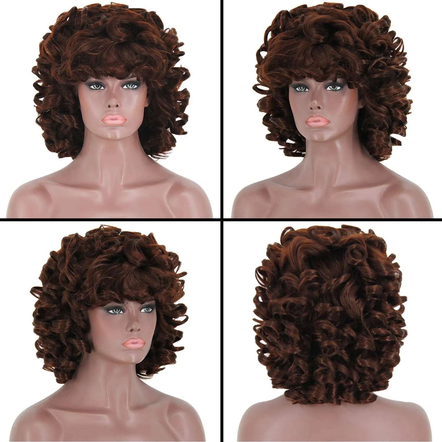 ELIM Dark Brown Curly Wigs for Black Women Short Kinky Curly Brown Wigs for Women Big Curly Afro Soft Wig with Bangs Heat Resistant Natural Cute Synthetic Wig with Accessories Z303BR