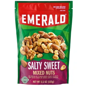 Emerald Nuts, Salty Sweet Mixed Nuts, Features Kettle Glazed Peanuts, Almonds, Cashews, Kettle Glazed Walnuts, Kettle Glazed Pecans, 5.5 Oz, Resealable Bag (Pack of 4)