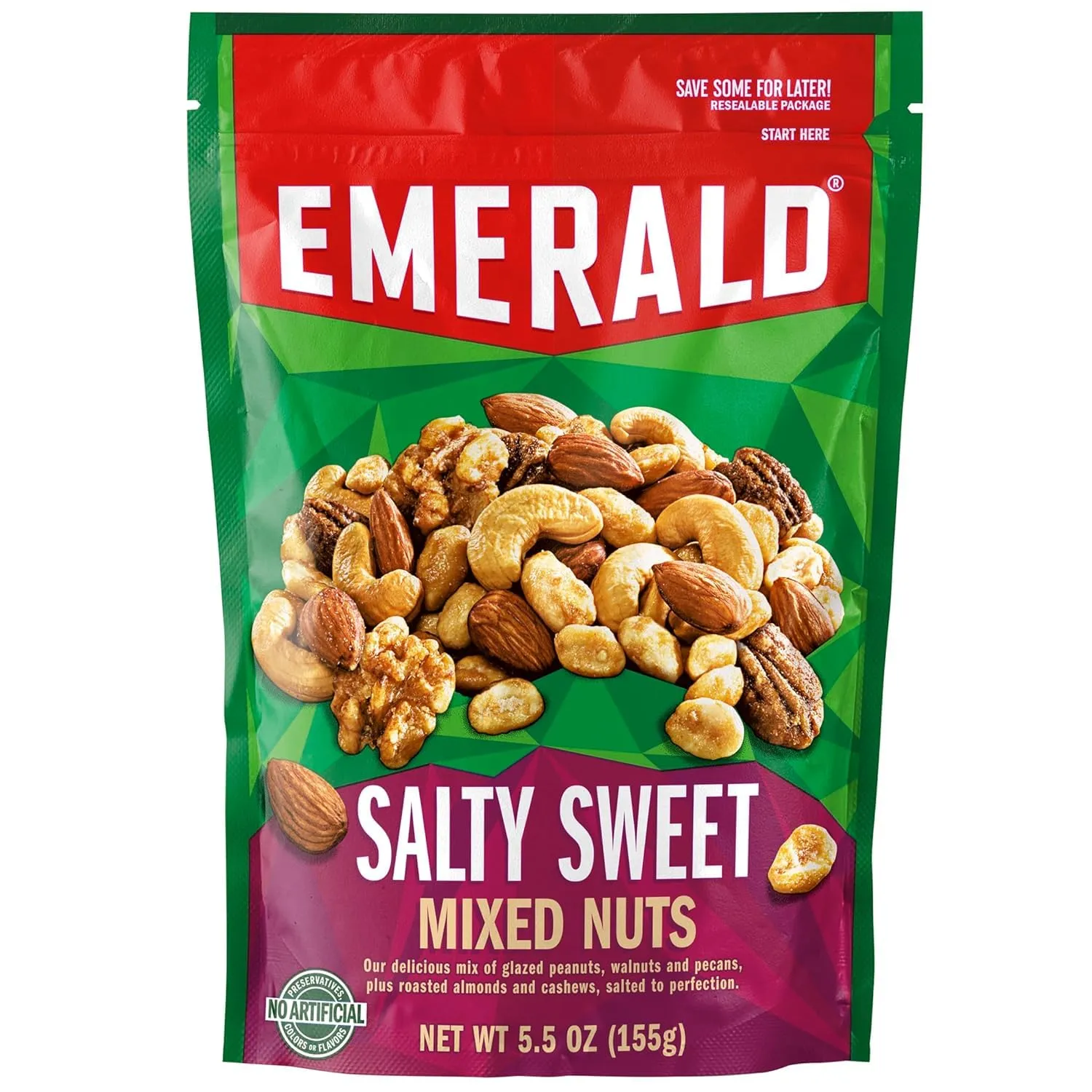 Emerald Nuts, Salty Sweet Mixed Nuts, Features Kettle Glazed Peanuts, Almonds, Cashews, Kettle Glazed Walnuts, Kettle Glazed Pecans, 5.5 Oz, Resealable Bag (Pack of 4)