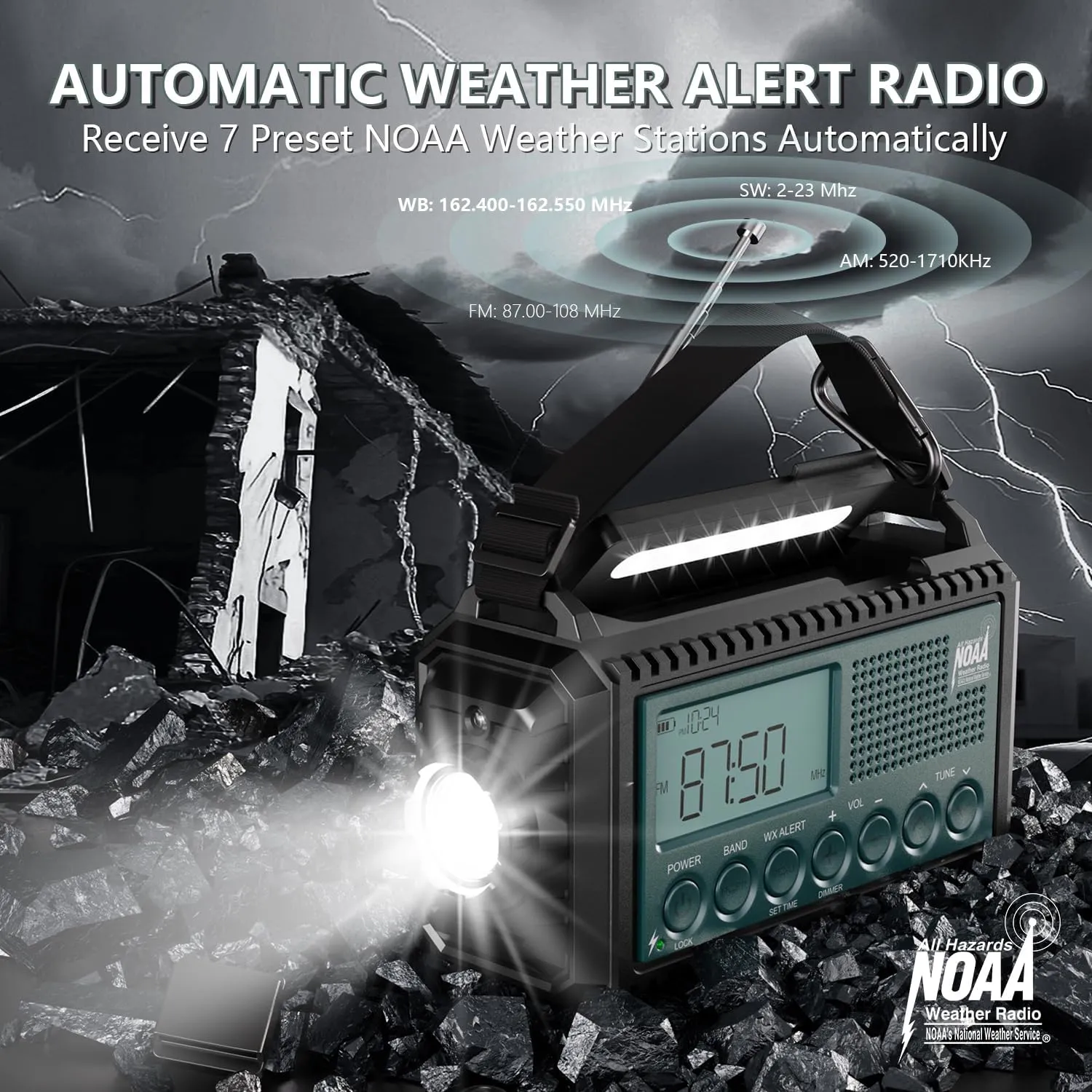 Emergency NOAA Weather Radio, Hand Crank Solar AM/FM/SW Shortwave Radio for Survival With Camping Flashlight, Reading Lamp, Phone Charger, SOS Alarm, Clock, LCD Display