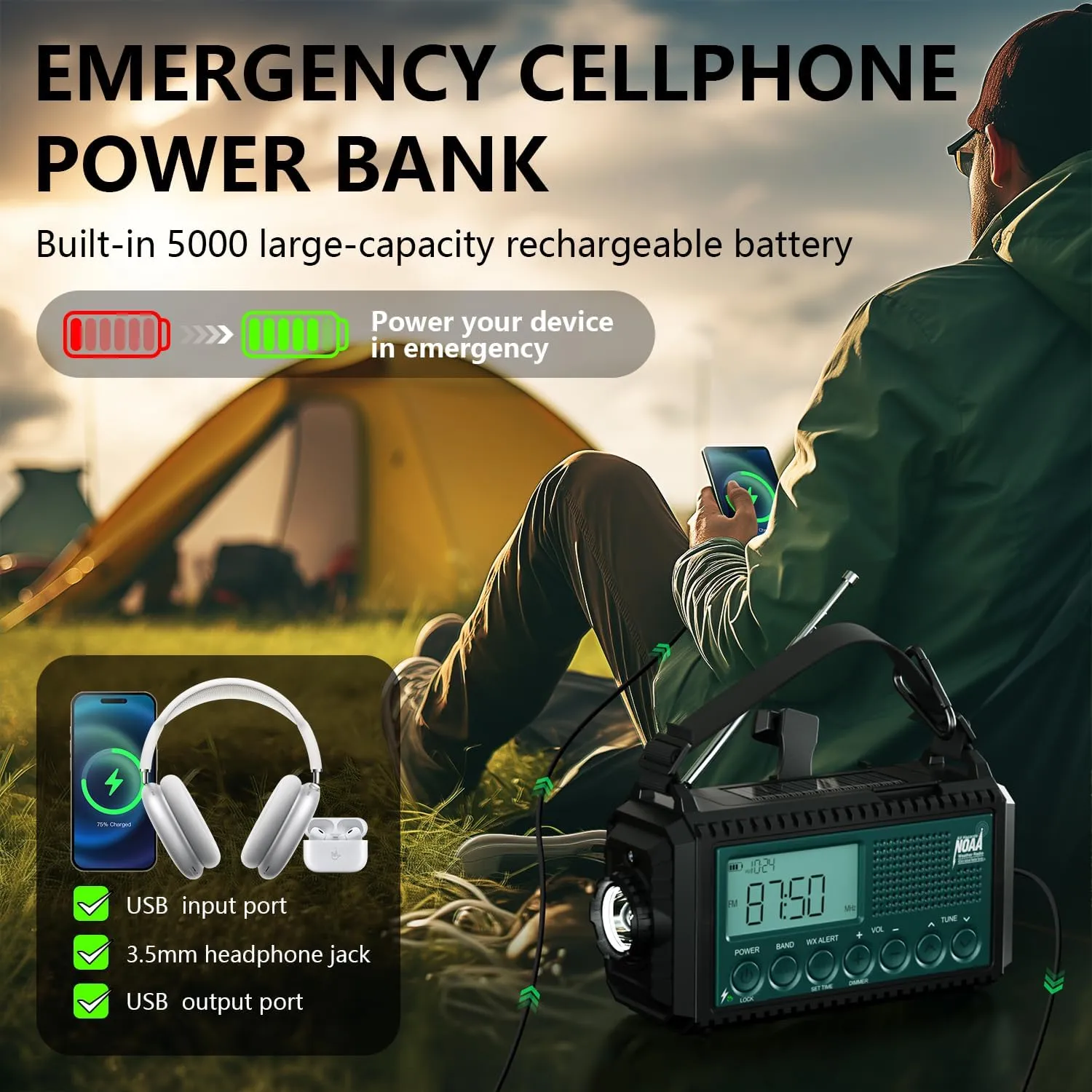 Emergency NOAA Weather Radio, Hand Crank Solar AM/FM/SW Shortwave Radio for Survival With Camping Flashlight, Reading Lamp, Phone Charger, SOS Alarm, Clock, LCD Display