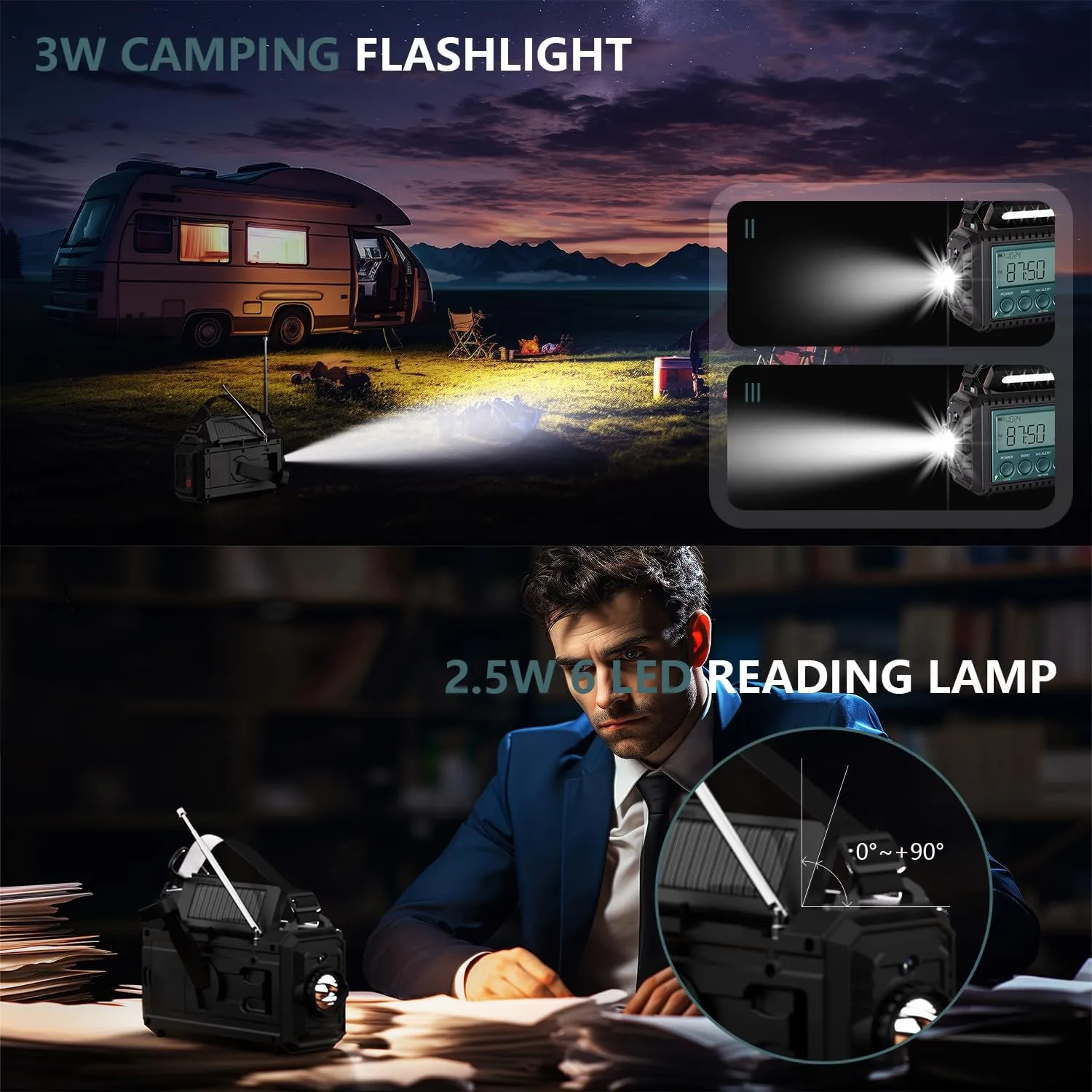 Emergency NOAA Weather Radio, Hand Crank Solar AM/FM/SW Shortwave Radio for Survival With Camping Flashlight, Reading Lamp, Phone Charger, SOS Alarm, Clock, LCD Display