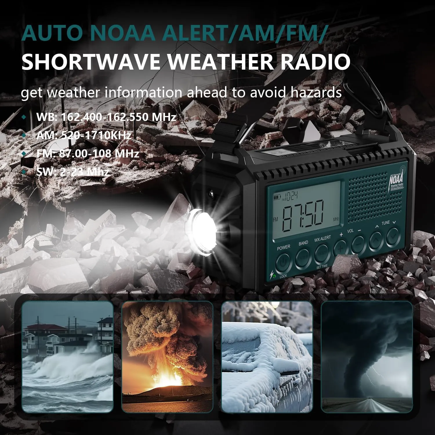 Emergency NOAA Weather Radio, Hand Crank Solar AM/FM/SW Shortwave Radio for Survival With Camping Flashlight, Reading Lamp, Phone Charger, SOS Alarm, Clock, LCD Display
