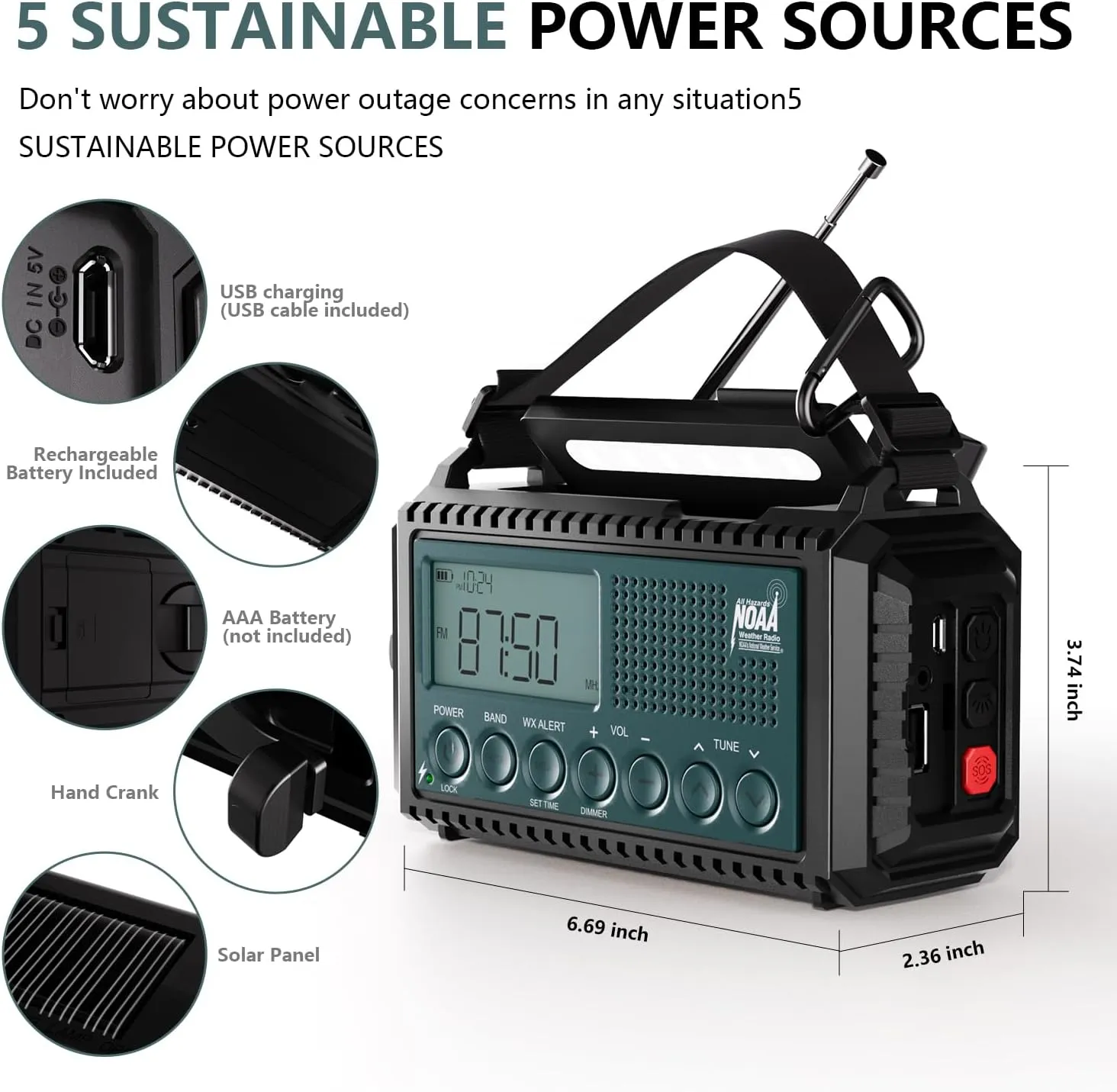 Emergency NOAA Weather Radio, Hand Crank Solar AM/FM/SW Shortwave Radio for Survival With Camping Flashlight, Reading Lamp, Phone Charger, SOS Alarm, Clock, LCD Display