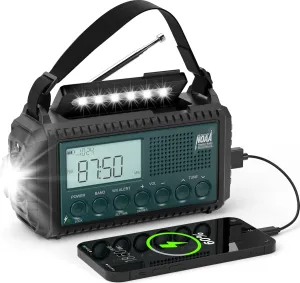 Emergency NOAA Weather Radio, Hand Crank Solar AM/FM/SW Shortwave Radio for Survival With Camping Flashlight, Reading Lamp, Phone Charger, SOS Alarm, Clock, LCD Display