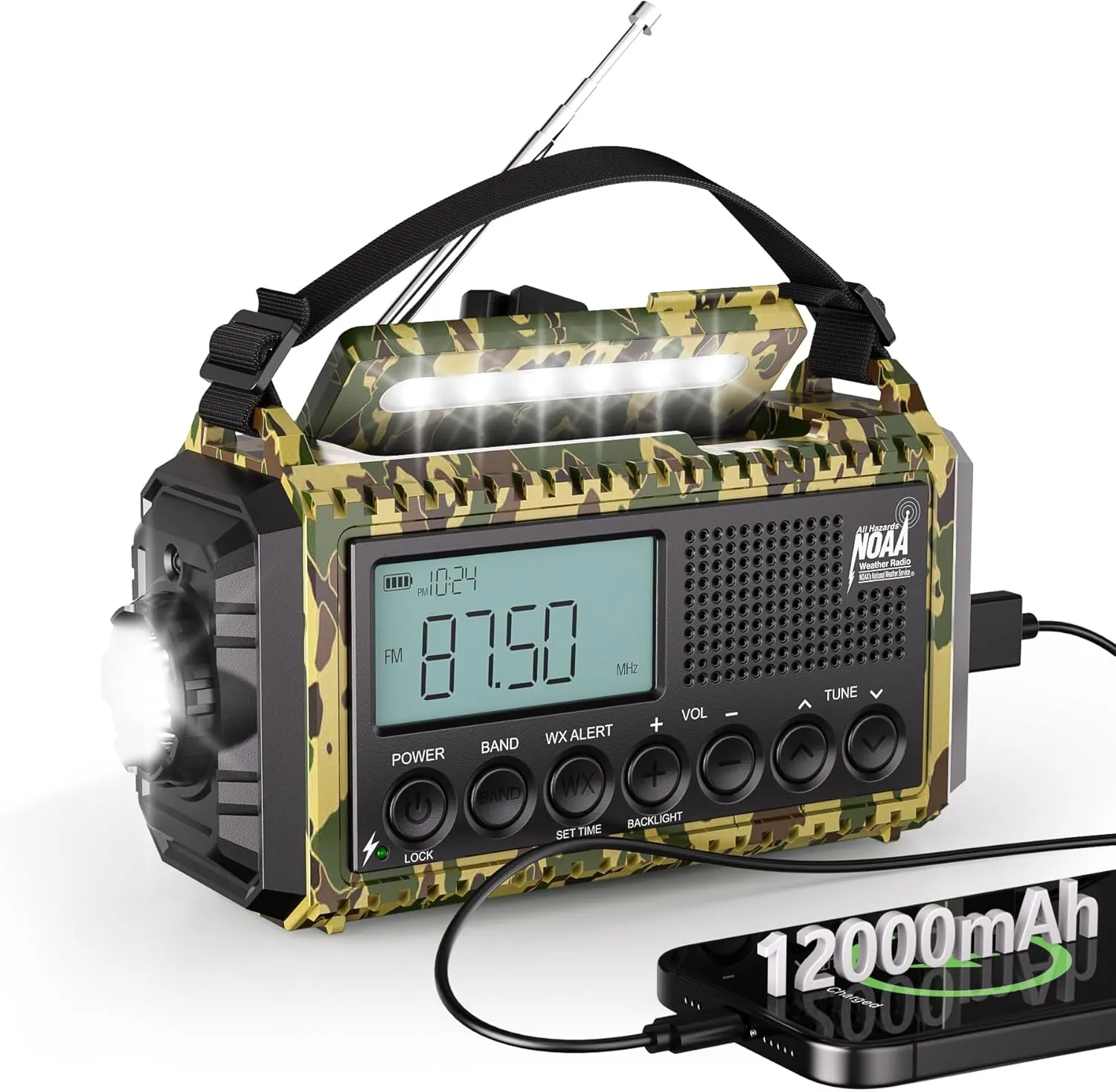 Emergency Radio 12000, Auto Digital Weather Radio Portable AM FM SW NOAA, Battery Operated Rechargeable Solar Hand Crank Radio with Flashlight, Cell Phone Charger, SOS, Type C Adapter