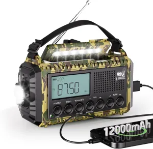 Emergency Radio 12000, Auto Digital Weather Radio Portable AM FM SW NOAA, Battery Operated Rechargeable Solar Hand Crank Radio with Flashlight, Cell Phone Charger, SOS, Type C Adapter
