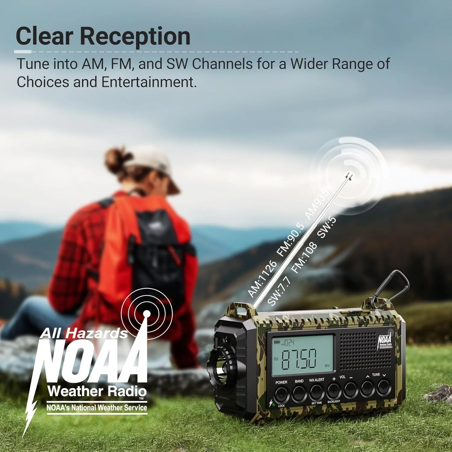 Emergency Radio 12000, Auto Digital Weather Radio Portable AM FM SW NOAA, Battery Operated Rechargeable Solar Hand Crank Radio with Flashlight, Cell Phone Charger, SOS, Type C Adapter