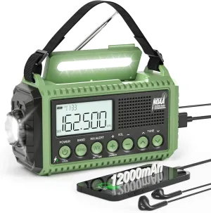 Emergency Radio 12000mAh Auto NOAA Weather Alert Radio -Portable Solar Hand Crank Battery Operated Radio, AM/FM Shortwave Radio with Type-c Charger,Flashlight, SOS for Home Outdoor hurricane Survival