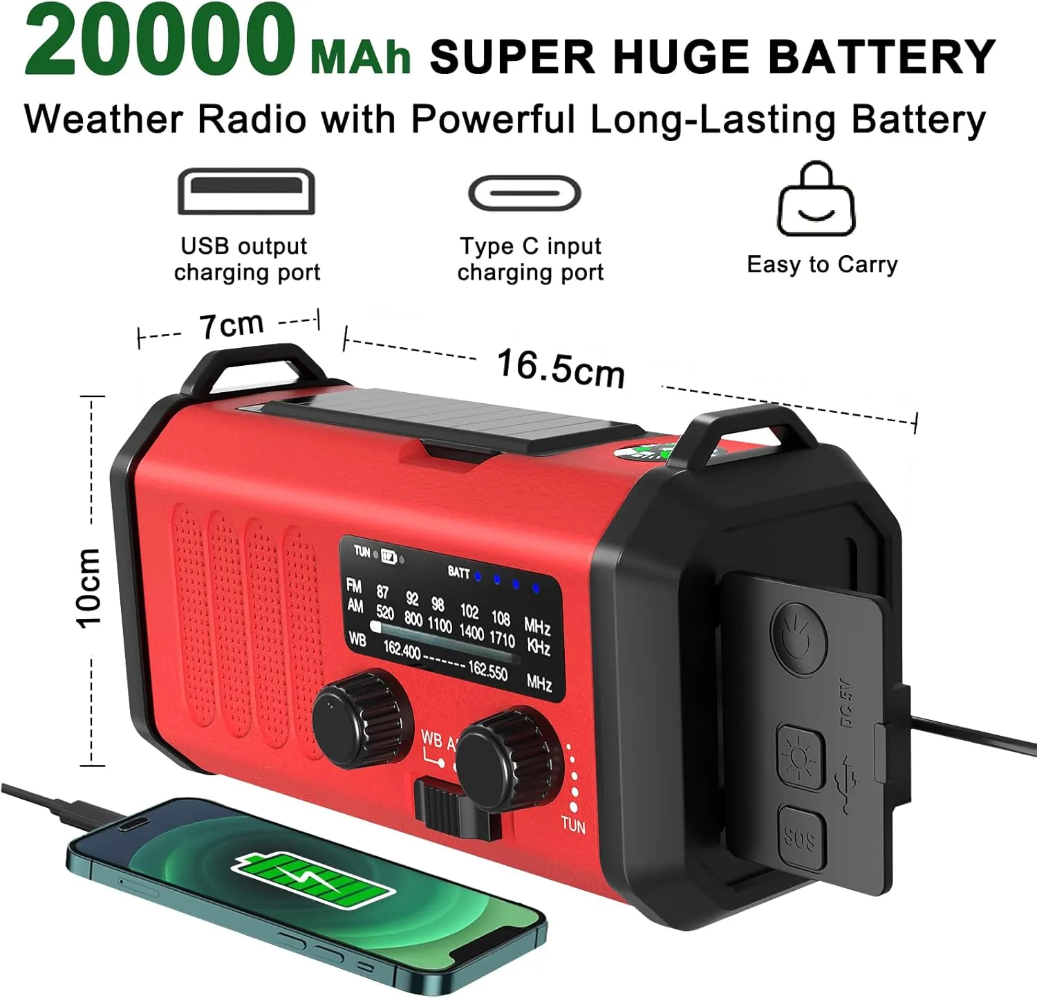 Emergency Radio NOAA Weather Radio Hand Crank & Solar Charging 20000mAh/74000mWh Rechargeable Battery Built-in Flashlight Reading Light & SOS AM/FM & Portable for Camping & Emergencies