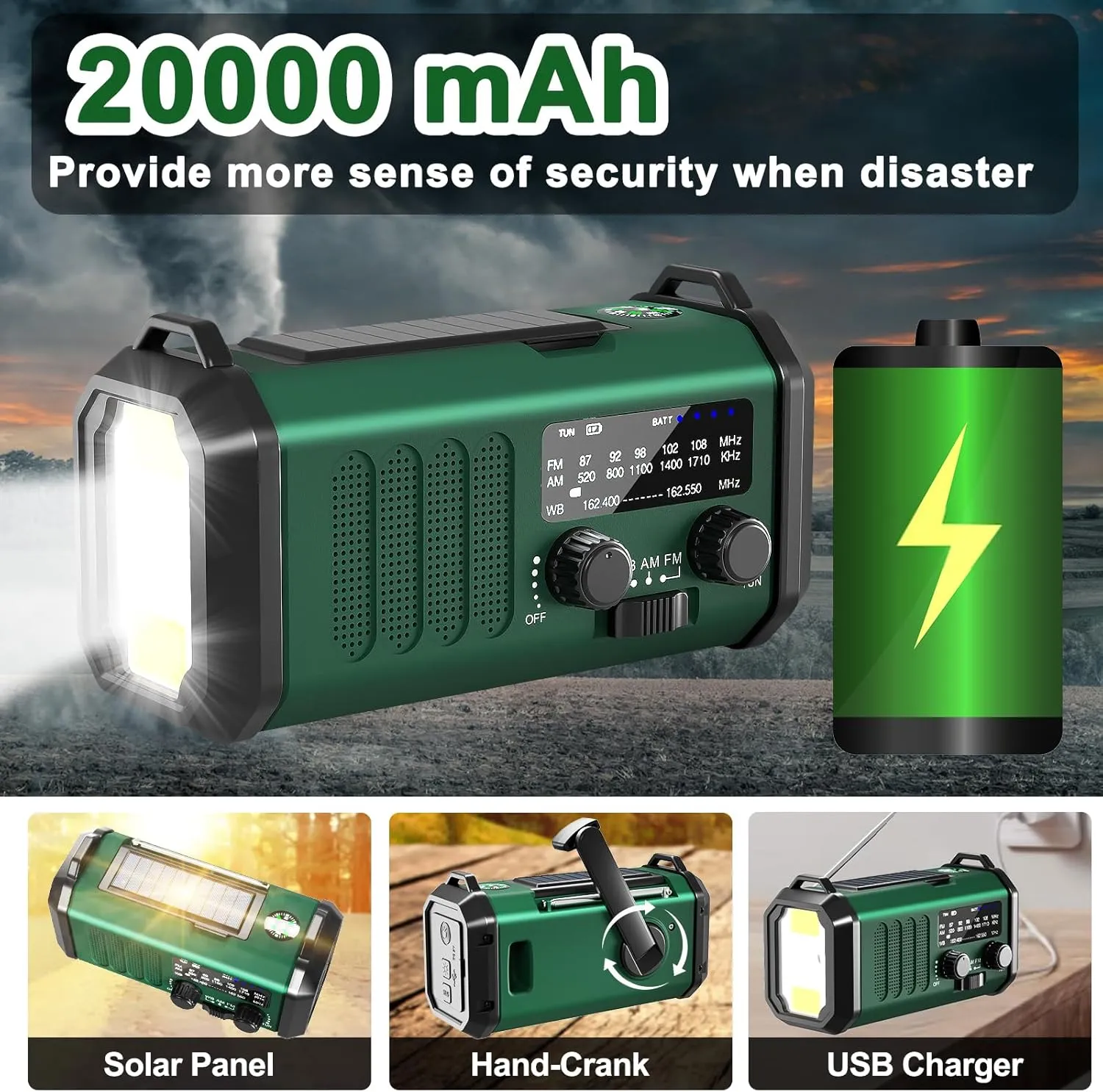 Emergency Radio NOAA Weather Radio with Hand Crank & Solar Charging 20000mAh Battery Built-in Flashlight, Reading Light & SOS Alarm AM/FM Weather Bands Compact & Portable for Camping & Emergencies