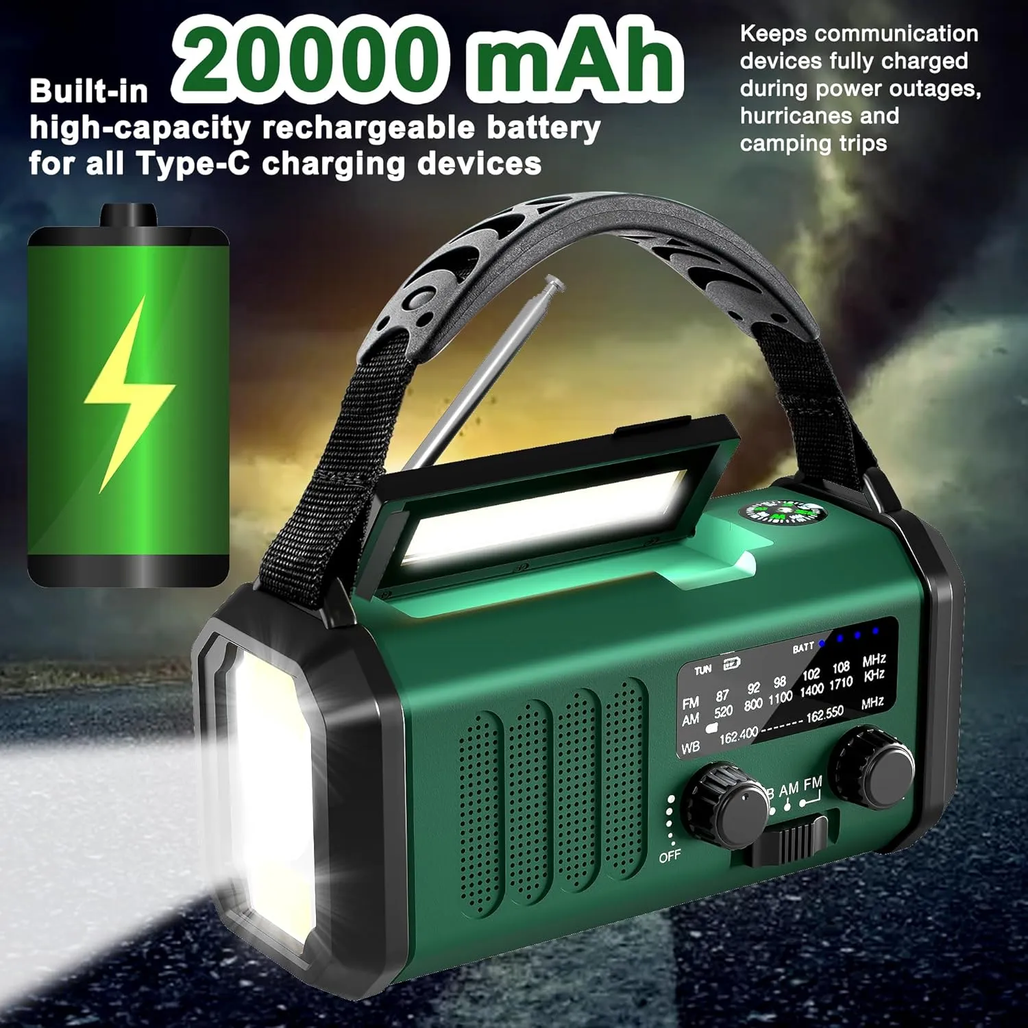 Emergency Radio NOAA Weather Radio with Hand Crank & Solar Charging 20000mAh Battery Built-in Flashlight, Reading Light & SOS Alarm AM/FM Weather Bands Compact & Portable for Camping & Emergencies
